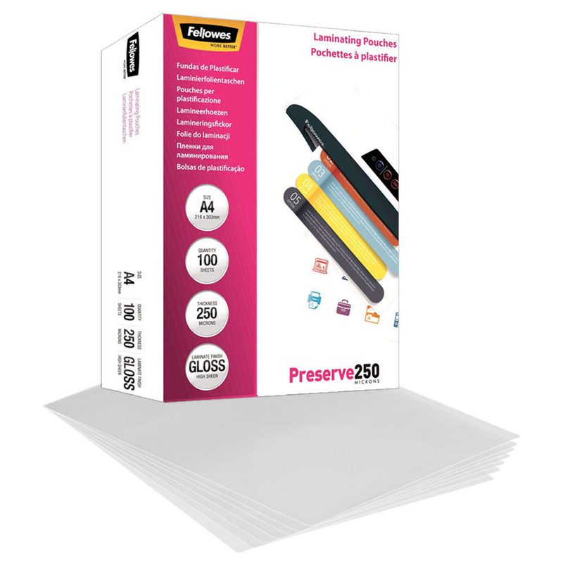 Fellowes Films de laminage brillants 250 microns A4 - 1 boîte = 100 pièces