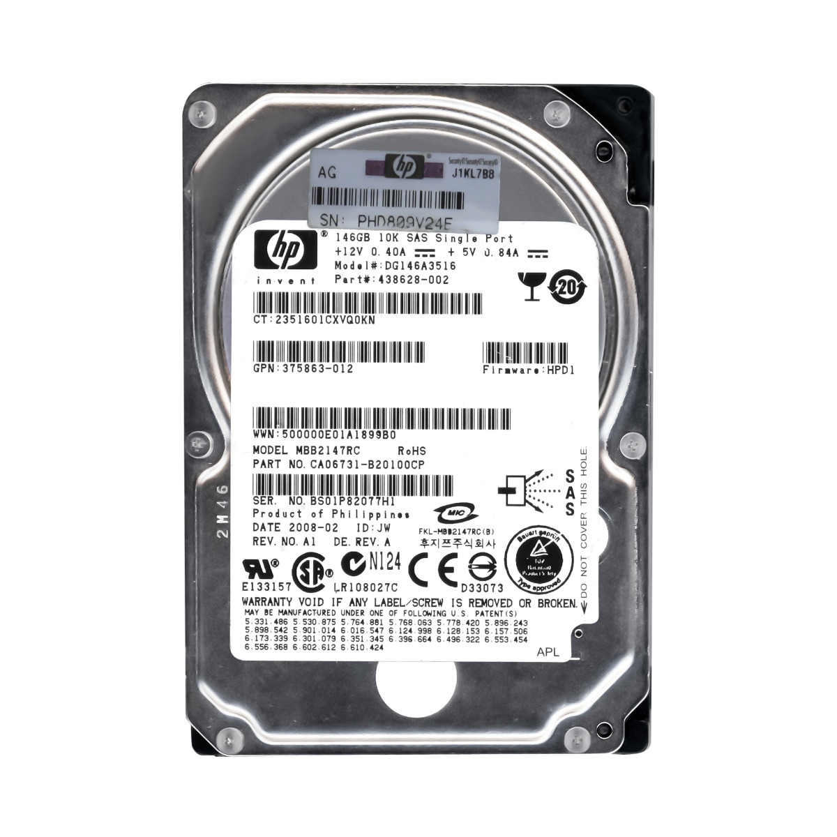 HP 438628-002 146 Go 10K 16 Mo SAS 2,5'' DG146A3516