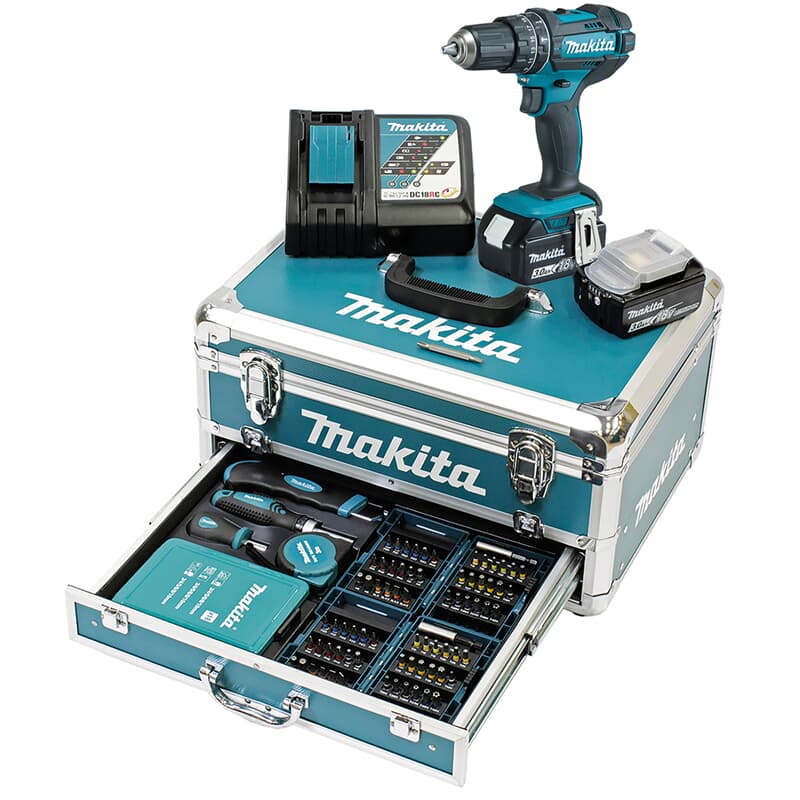 Set perceuse-visseuse à percussion Makita DHP482RFX9 sur batterie