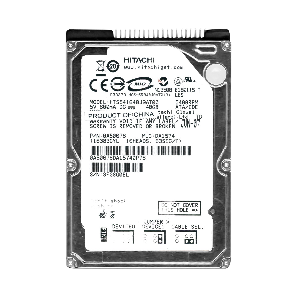 HITACHI TravelStar 5K160 40 Go 5,4K 8 Mo ATA 2,5'' HTS541640J9AT00