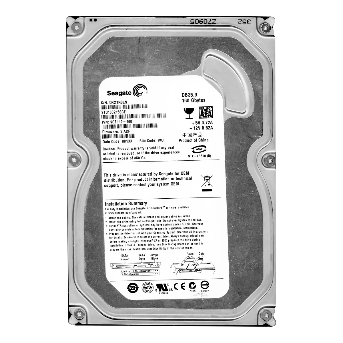 SEAGATE DB35.3 ST3160215SCE 160 Go SATA II 7 200 tr/min 3,5''
