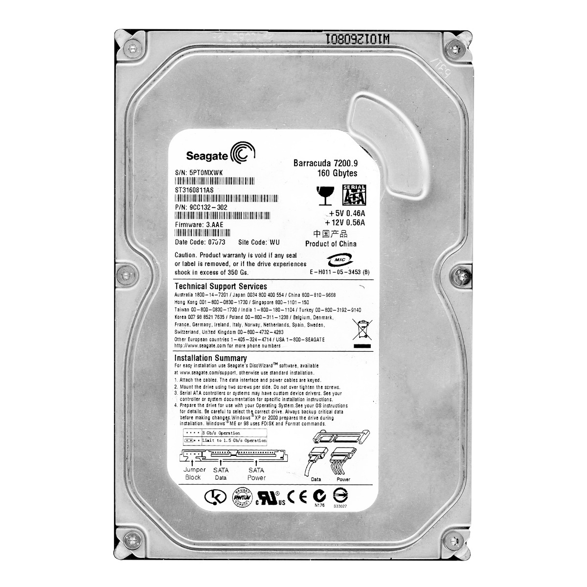 SEAGATE BARRACUDA 7200.9 160 Go SATA II 7 200 tr/min 8 Mo 3,5'' ST3160811AS