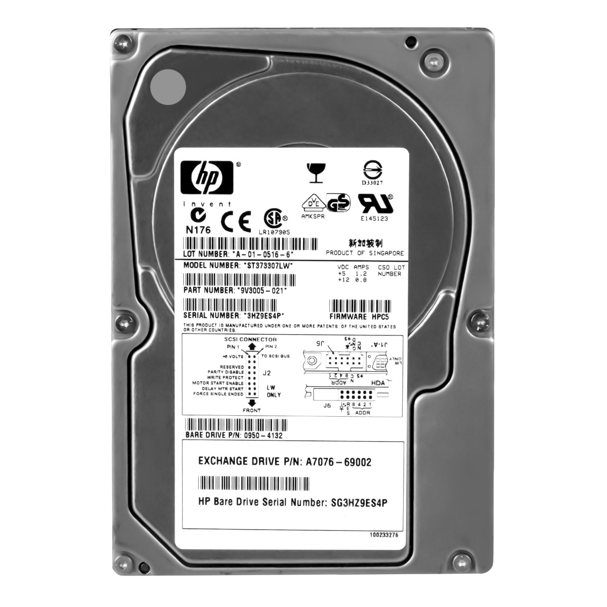 HP 0950-4132 A7076-69002 73 Go 10 000 tr/min 8 Mo SCSI U320 3,5'' ST373307LW
