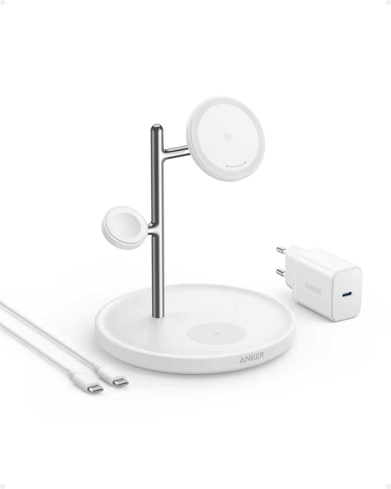 Chargeur magnétique sans fil Anker MagGo 15W 3-en-1 USB-C, blanc