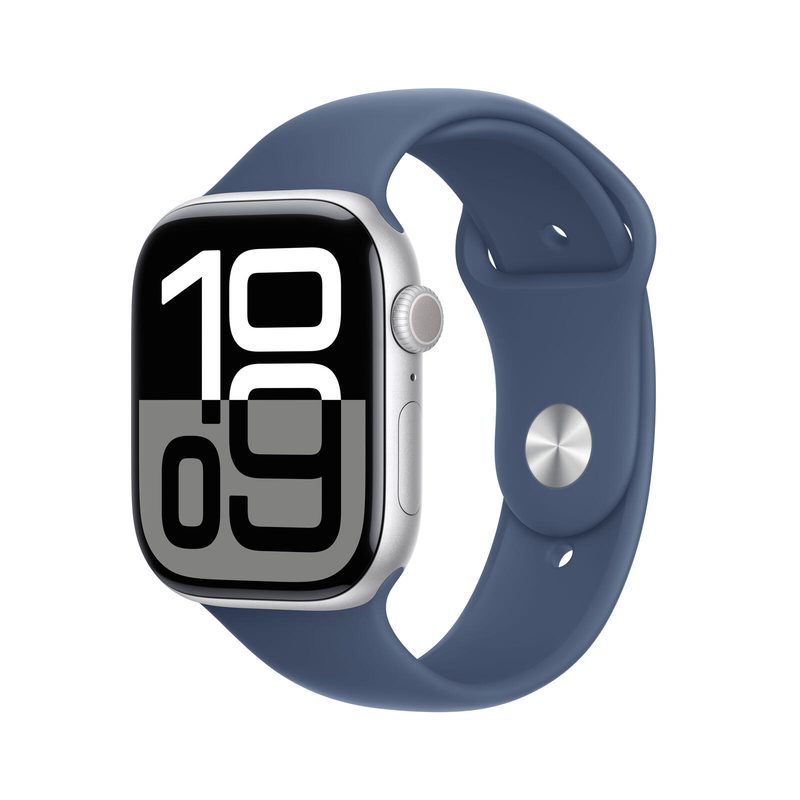 Apple Watch Series 10 (GPS) boîtier en aluminium 46 mm argent bracelet sport denim S/M