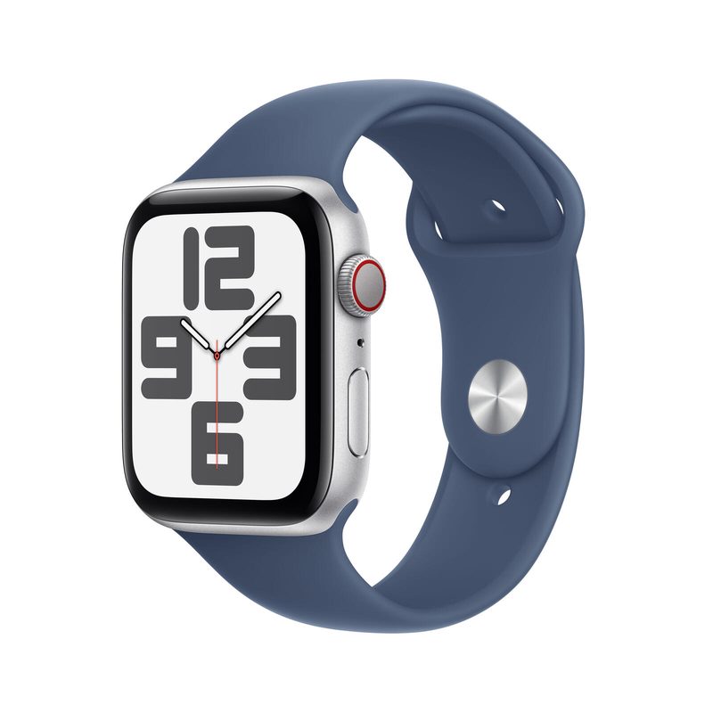 Apple Watch SE (GPS + Cellular) 44 mm boîtier en aluminium argent bracelet sportif bleu délavé (S/M)