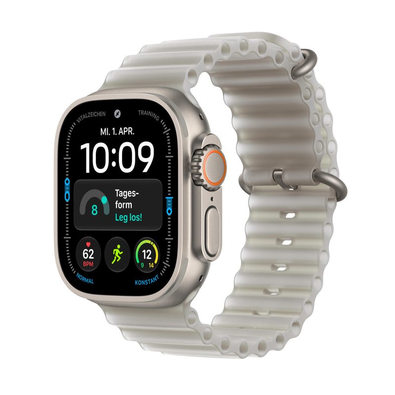 Apple Watch Ultra 4 Titane Naturel (GPS + Cellular) 49 mm bracelet Ocean Armband Gris semi-transparent