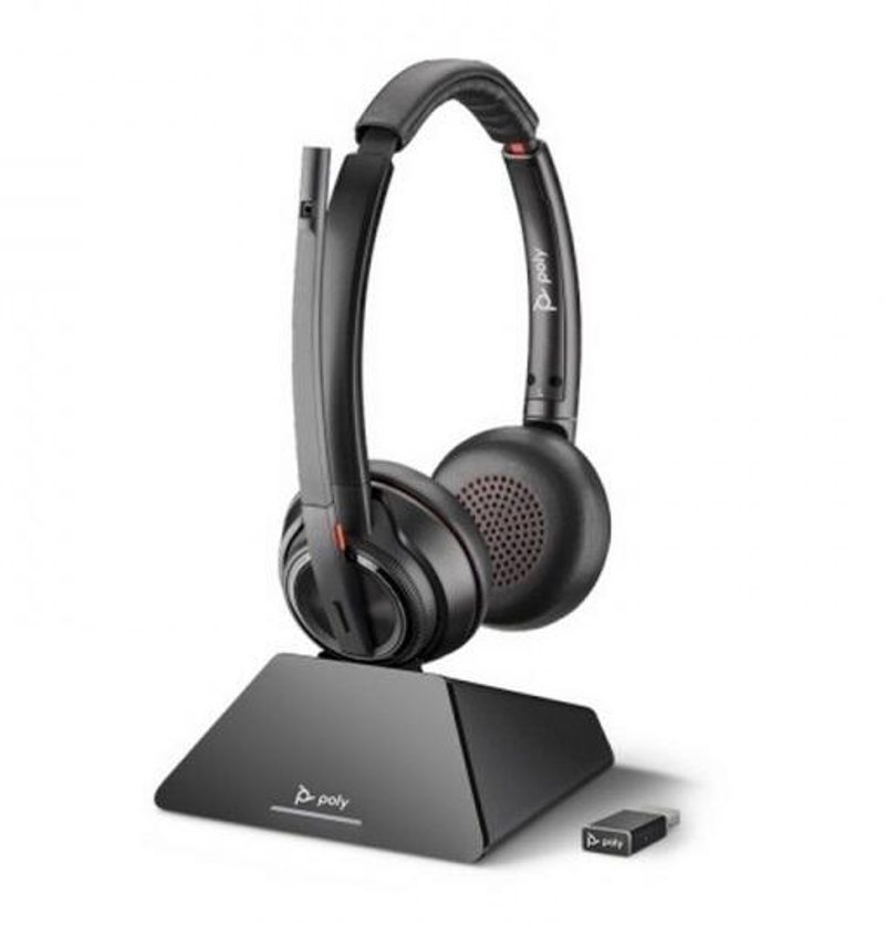 Casque stéréo Poly Savi 8220 UC sans fil avec station de charge, adaptateur USB-DECT, câble et étui de transport