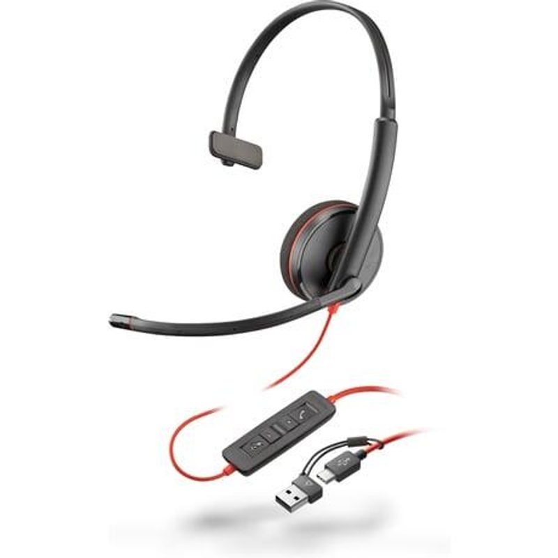 Casque USB-C monaural Poly Blackwire 3210 avec adaptateur USB-C/A, type On-Ear, filaire