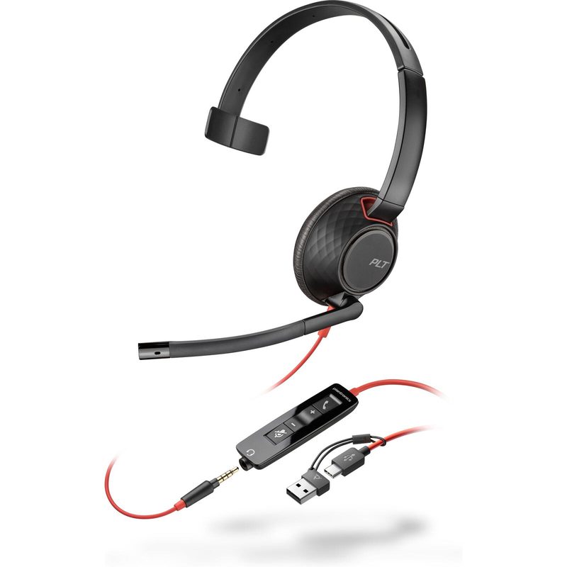 Casque mono Poly Blackwire 5210 sur l'oreille USB-C avec adaptateur USB-C/A et connecteur 3,5 mm