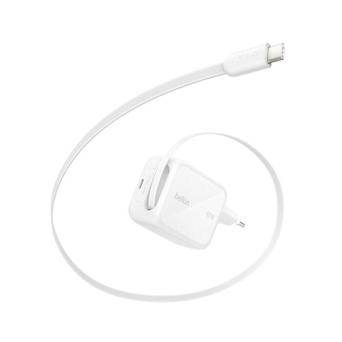 Chargeur GaN Belkin UltraCharge 67 W avec câble rétractable blanc