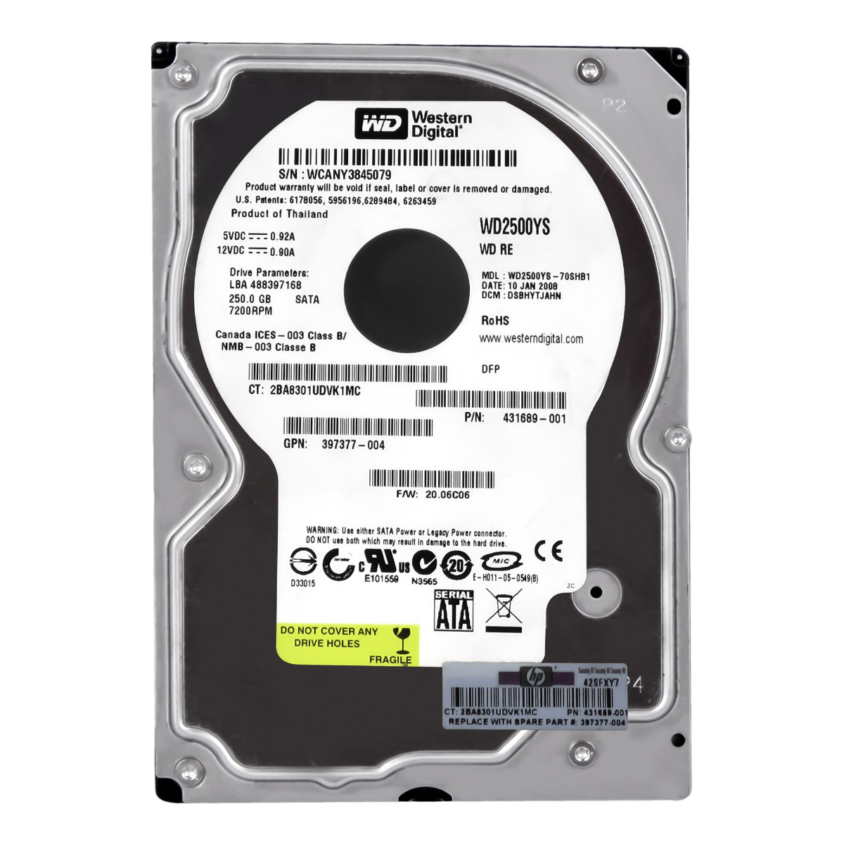 Disque dur HP 431689-001 250 Go 7200 tr/min 16 Mo SATA II 3,5'' WD2500YS