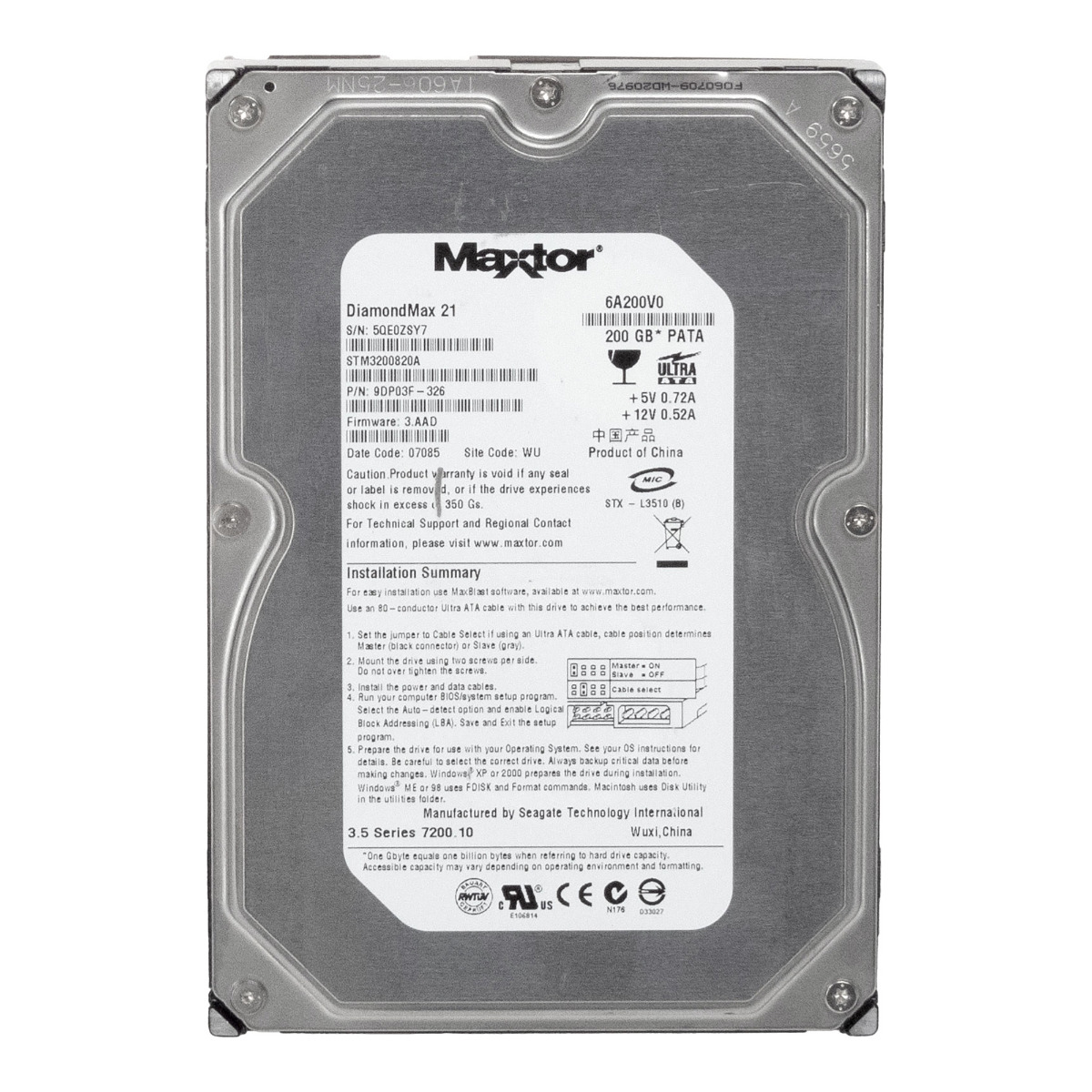 Disque dur MAXTOR DiamondMax 21 200 Go 7200 tr/min 8 Mo ATA 3,5'' STM3200820A