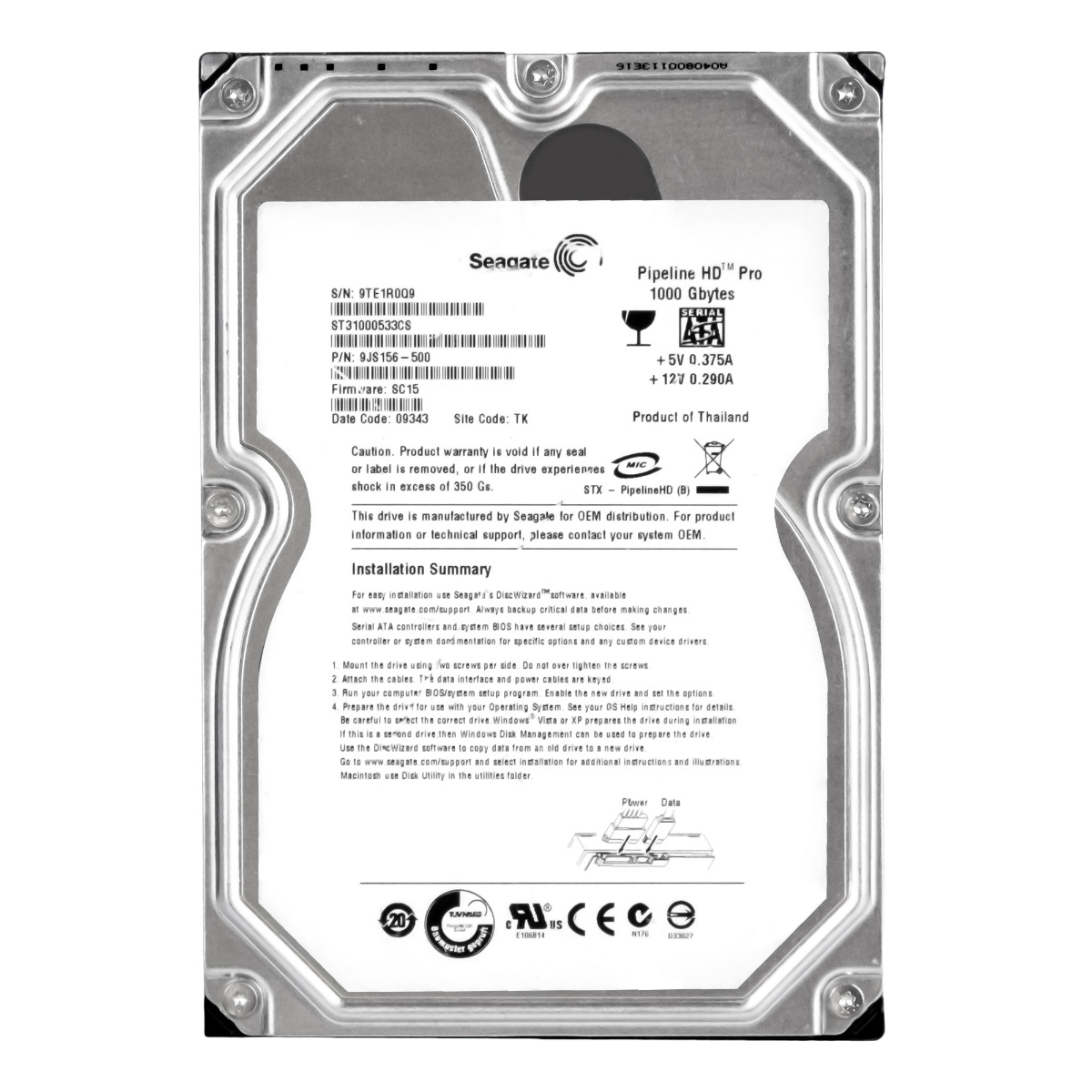 SEAGATE PIPELINE HD PRO 1 To 5,4K 32 Mo SATA II 3,5'' ST31000533CS