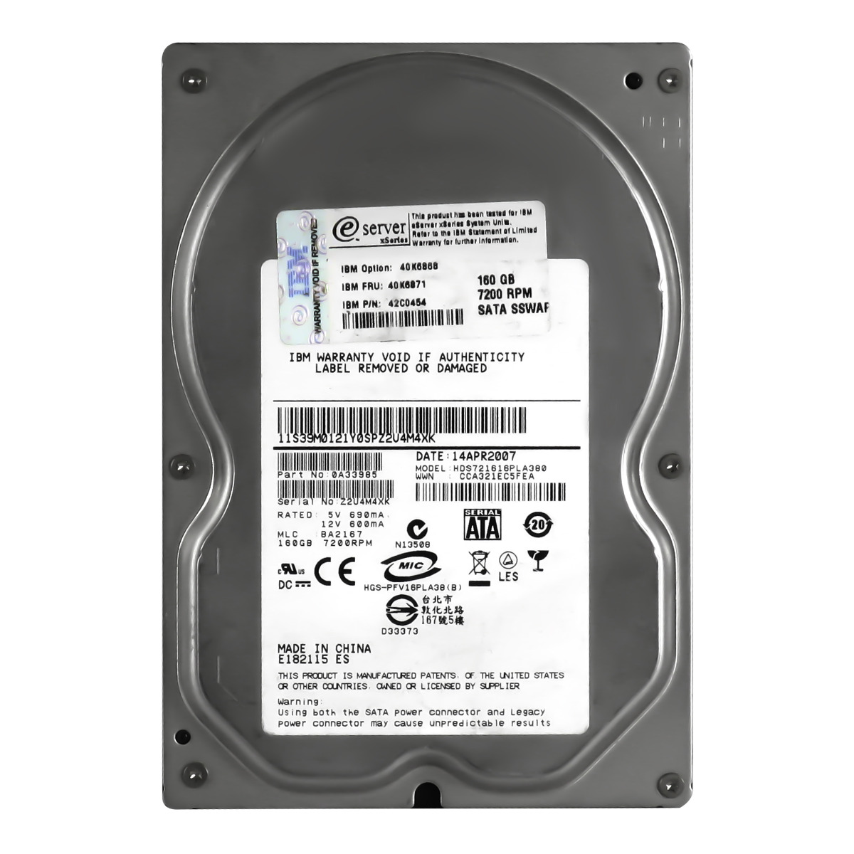 IBM 40K6871 / 42C0454 160 Go 7,2k 8 Mo SATA II 3,5'' HDS721616PLA380