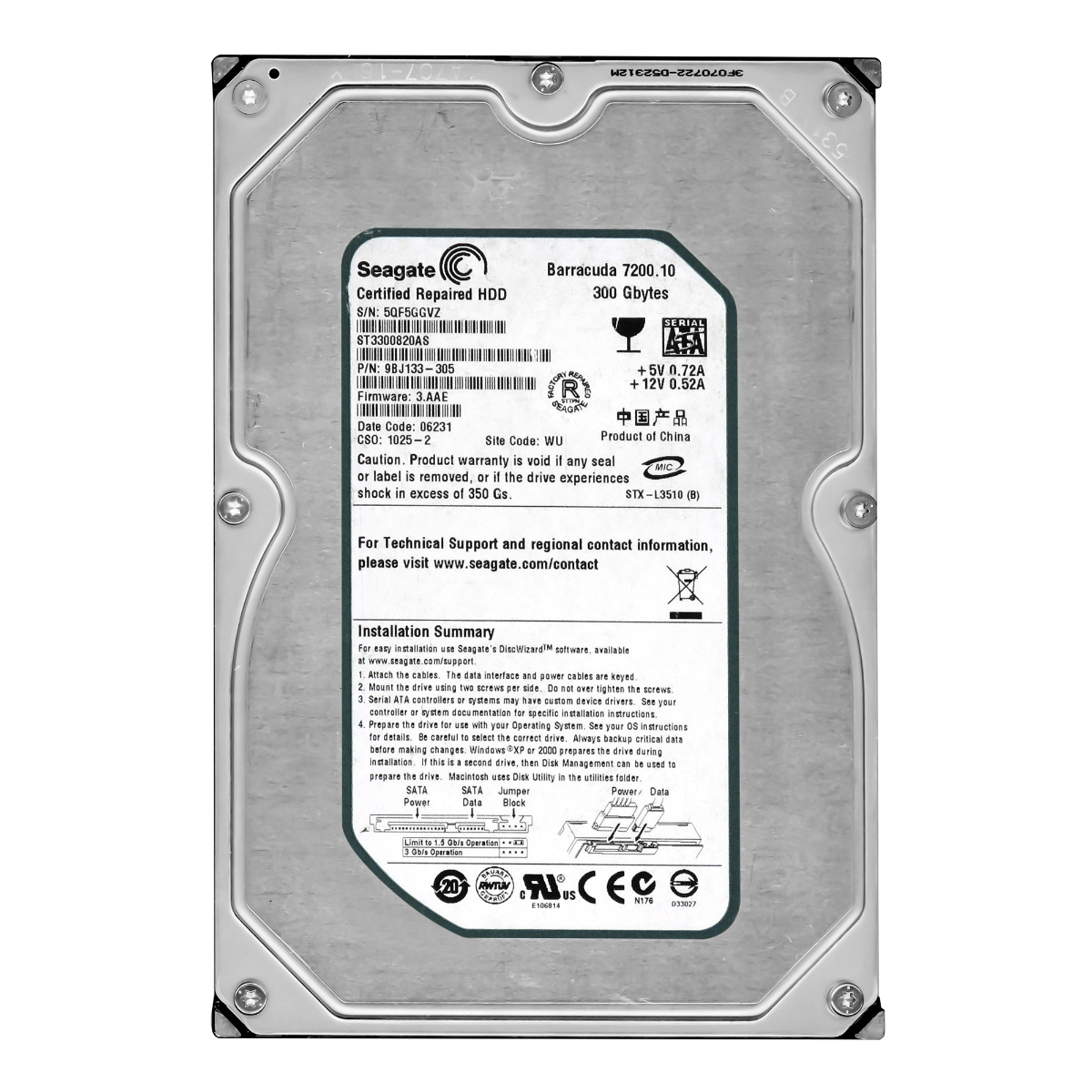 SEAGATE BarraCuda 7200.10 300 Go 7,2k 16 Mo SATA II 3,5'' ST3300820AS