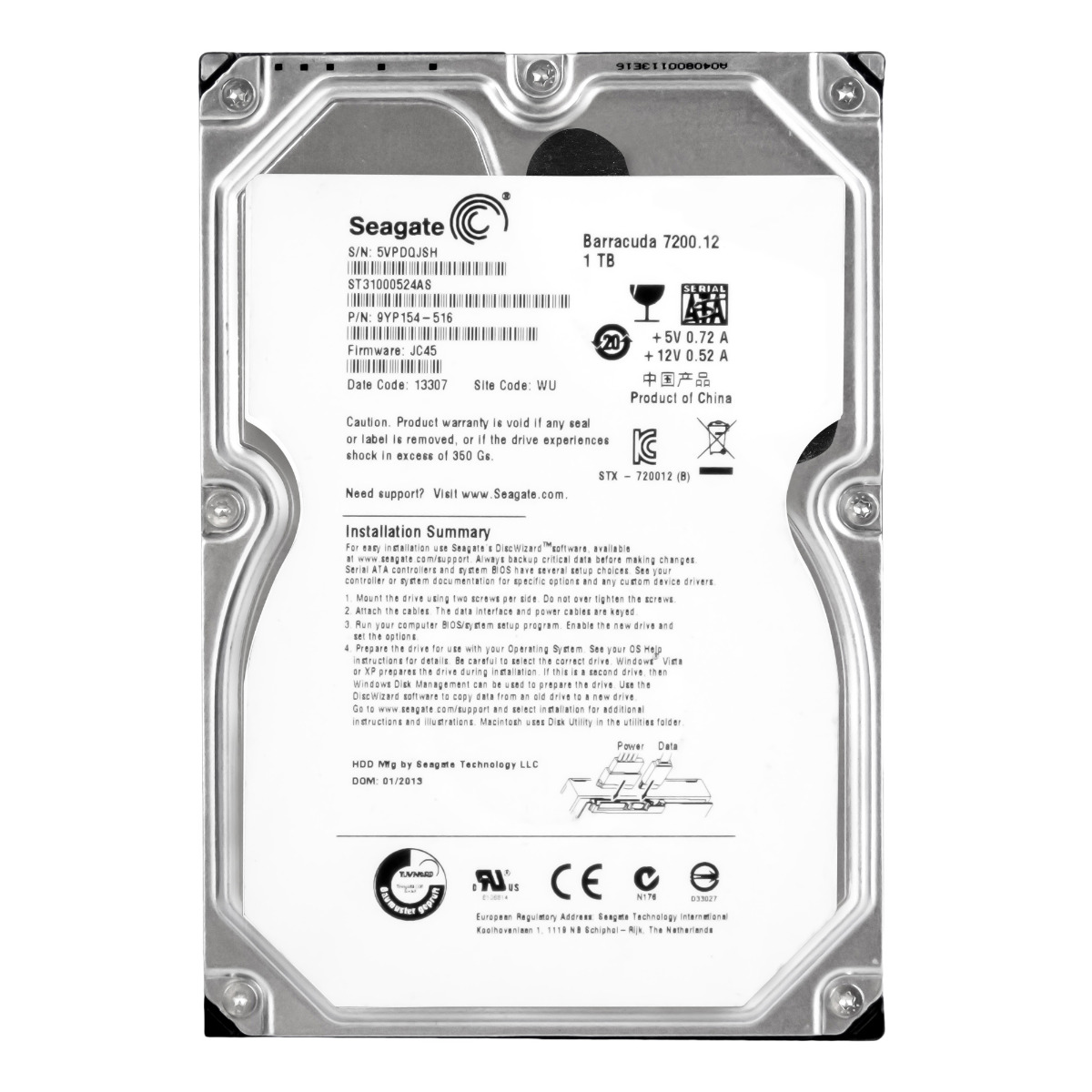 SEAGATE BARRACUDA 7200.12 1 To SATA III 7,2K 32 Mo 3,5'' ST31000524AS
