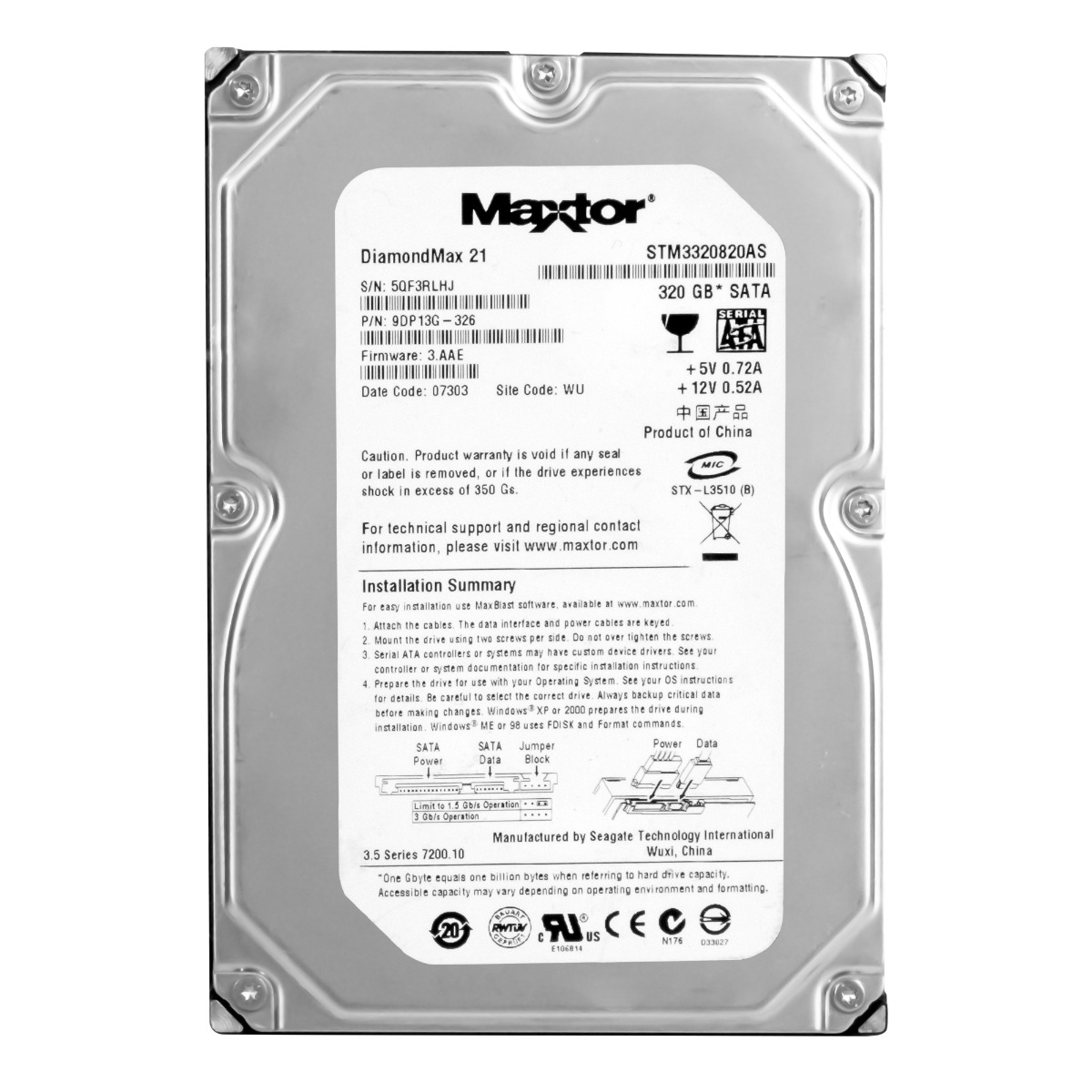MAXTOR DiamondMax 21 320 Go 7,2K 8 Mo SATA II 3,5'' STM3320820AS