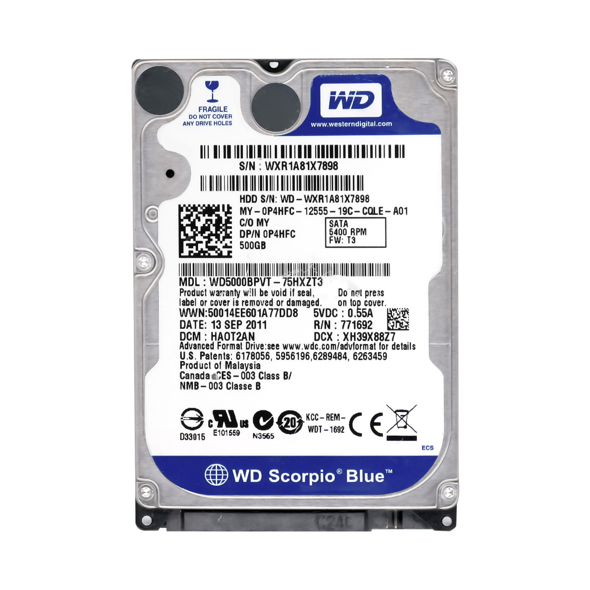 DELL 0P4HFC 500 Go 5,4K 8 Mo SATA II 2,5'' WD5000BPVT