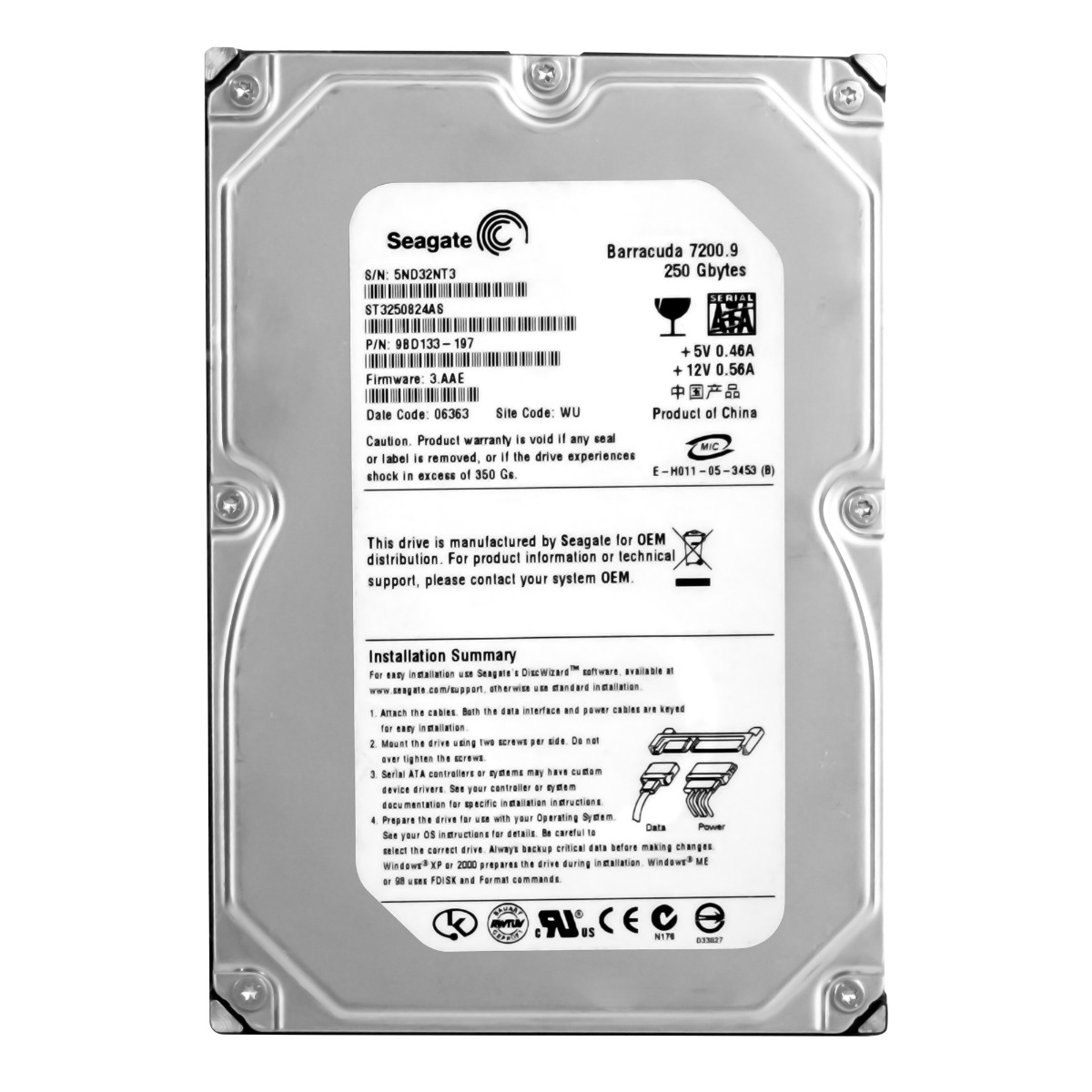 SEAGATE Barracuda 7200.9 250 Go 7200 tr/min 8 Mo SATA II 3,5'' ST3250824AS