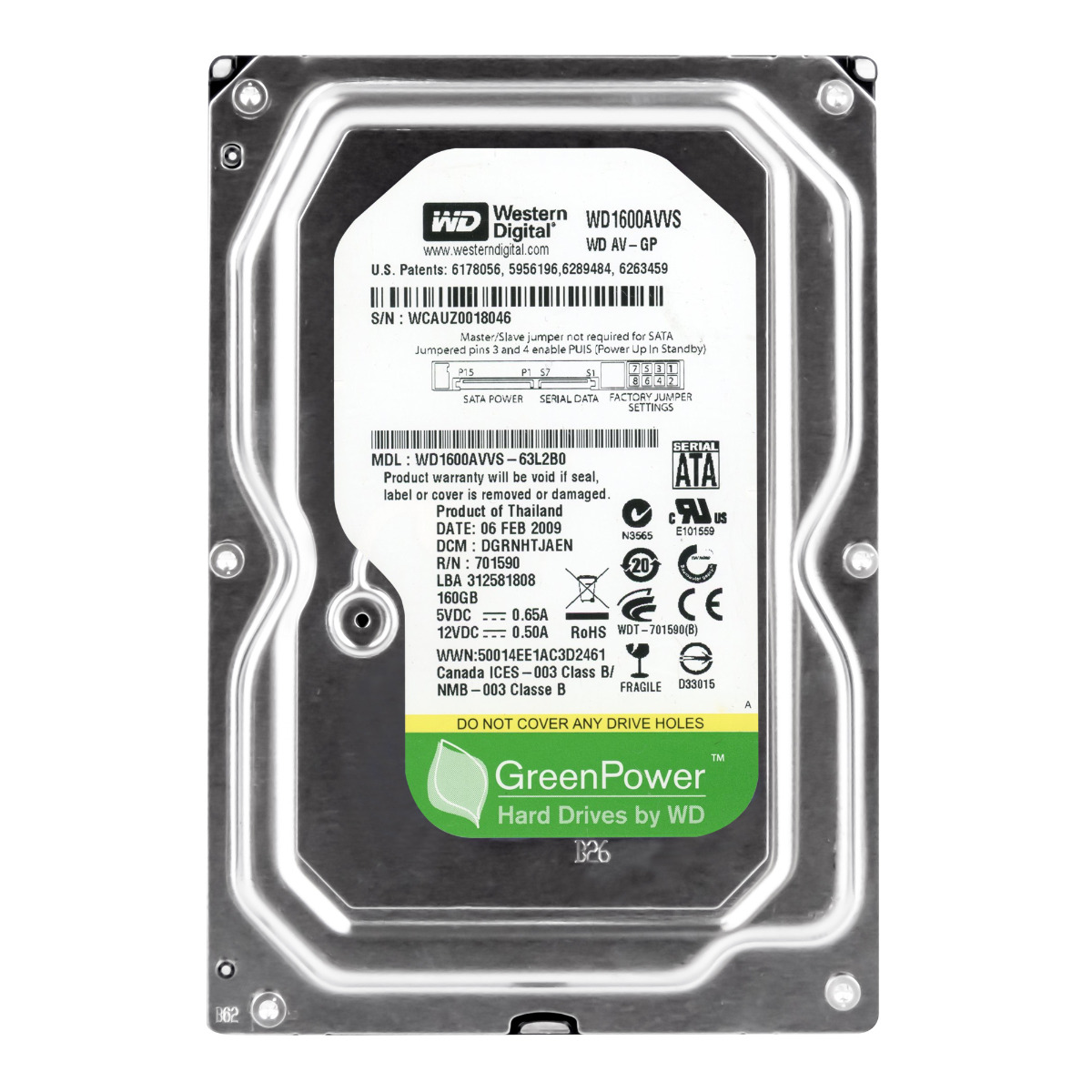 WD GreenPower 160 Go 5400 tr/min 8 Mo SATA II 3,5'' WD1600AVVS