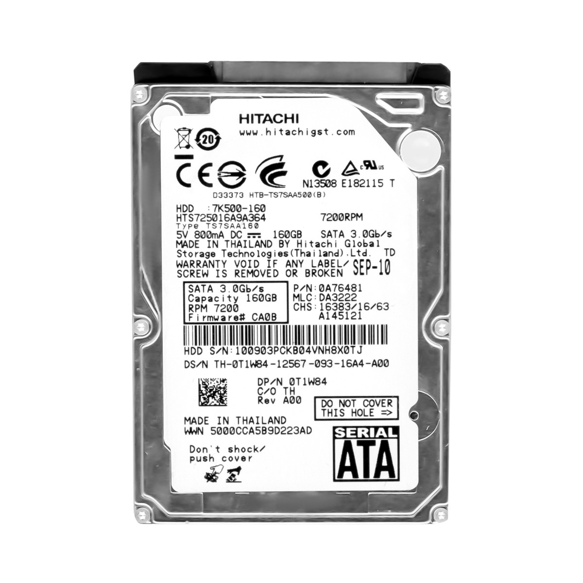 HITACHI TravelStar 7K500 Disque dur interne 160 Go 7200 tr/min 16 Mo SATA II 2,5" HTS725016A9A364