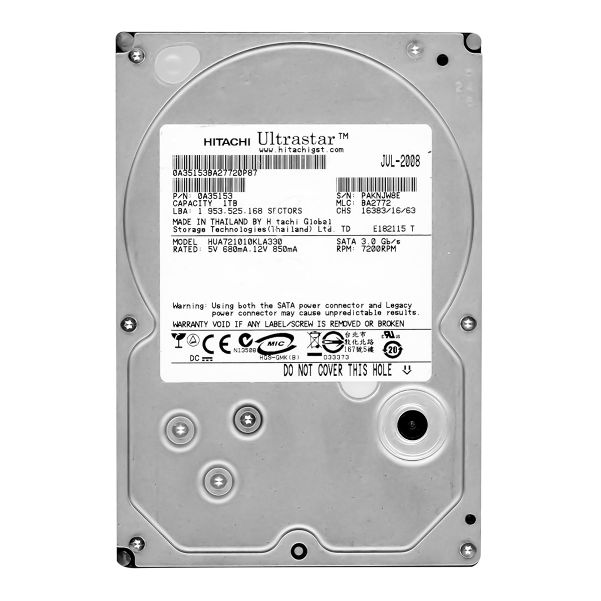 Disque dur HITACHI UltraStar A7K1000 1 To 7200 tr/min 32 Mo SATA II 3,5'' HUA721010KLA330