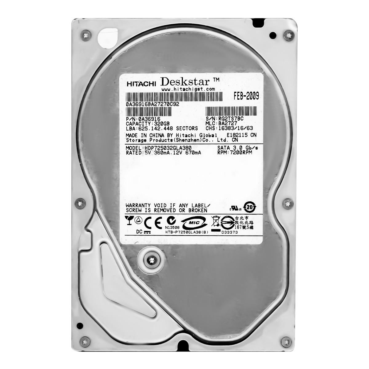 HITACHI DeskStar P7K500 320 Go 7 200 tr/min 8 Mo SATA II 3,5'' HDP725032GLA380