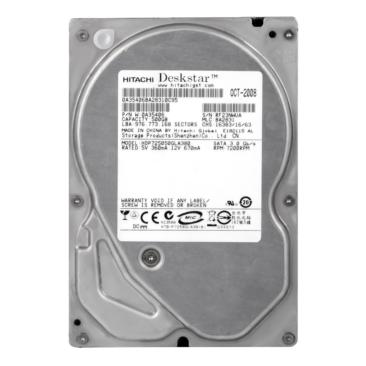 HITACHI DeskStar P7K500 500 Go 7,2K 8 Mo SATA II 3,5'' HDP725050GLA380