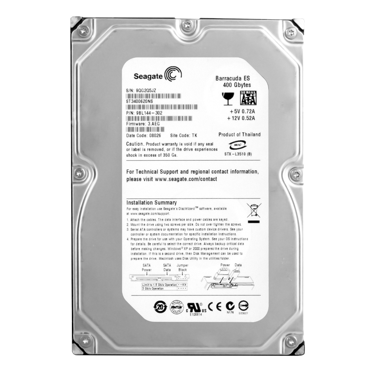 SEAGATE BARRACUDA ES 400 Go 7 200 tr/min 16 Mo SATA II 3,5" ST3400620NS
