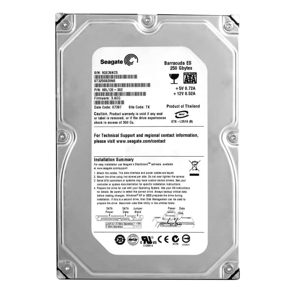 SEAGATE BARRACUDA ES 250 Go 7 200 tr/min 8 Mo SATA II 3,5" ST3250820NS