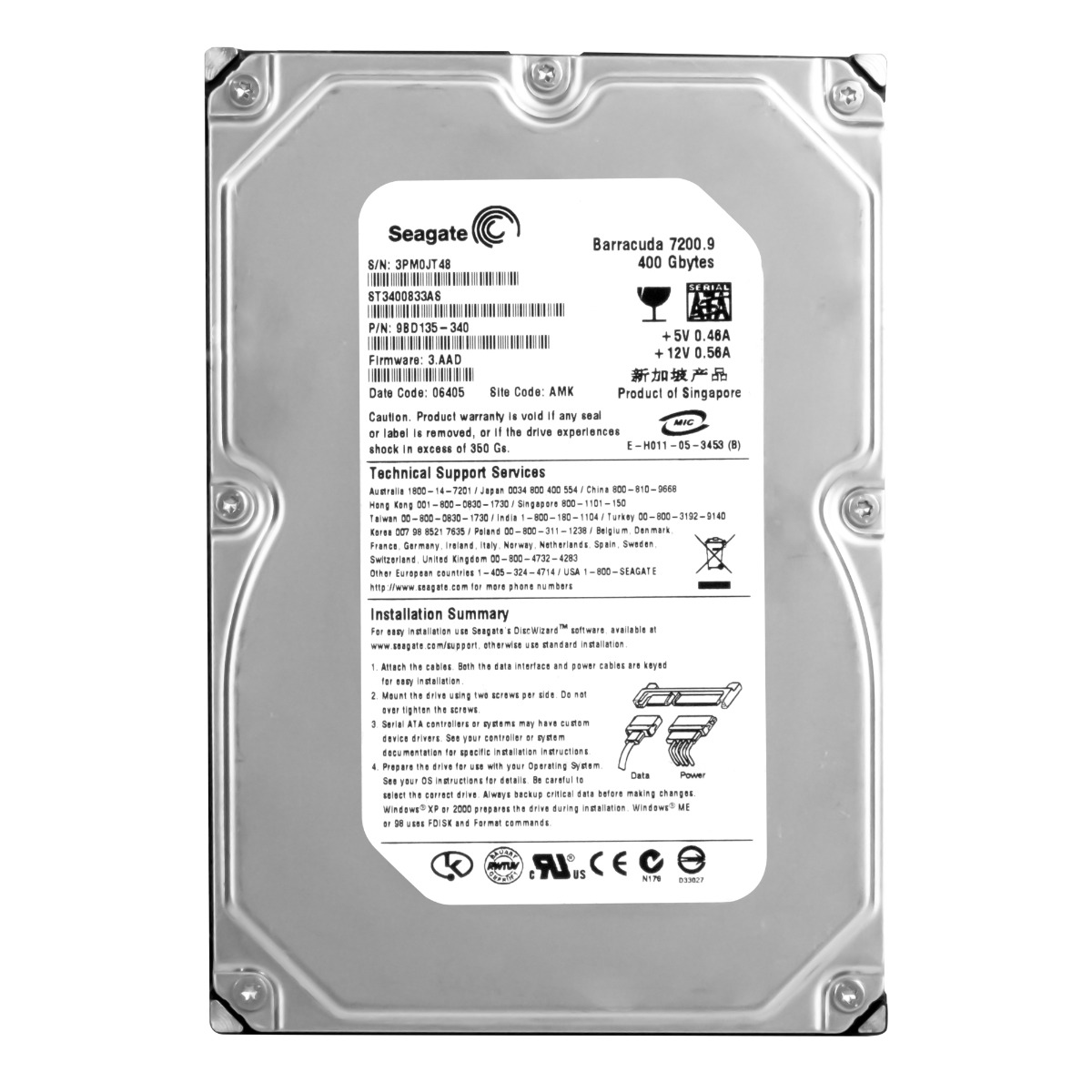 SEAGATE BARRACUDA 7200.9 400 Go 7 200 tr/min 8 Mo SATA II 3,5'' ST3400833AS