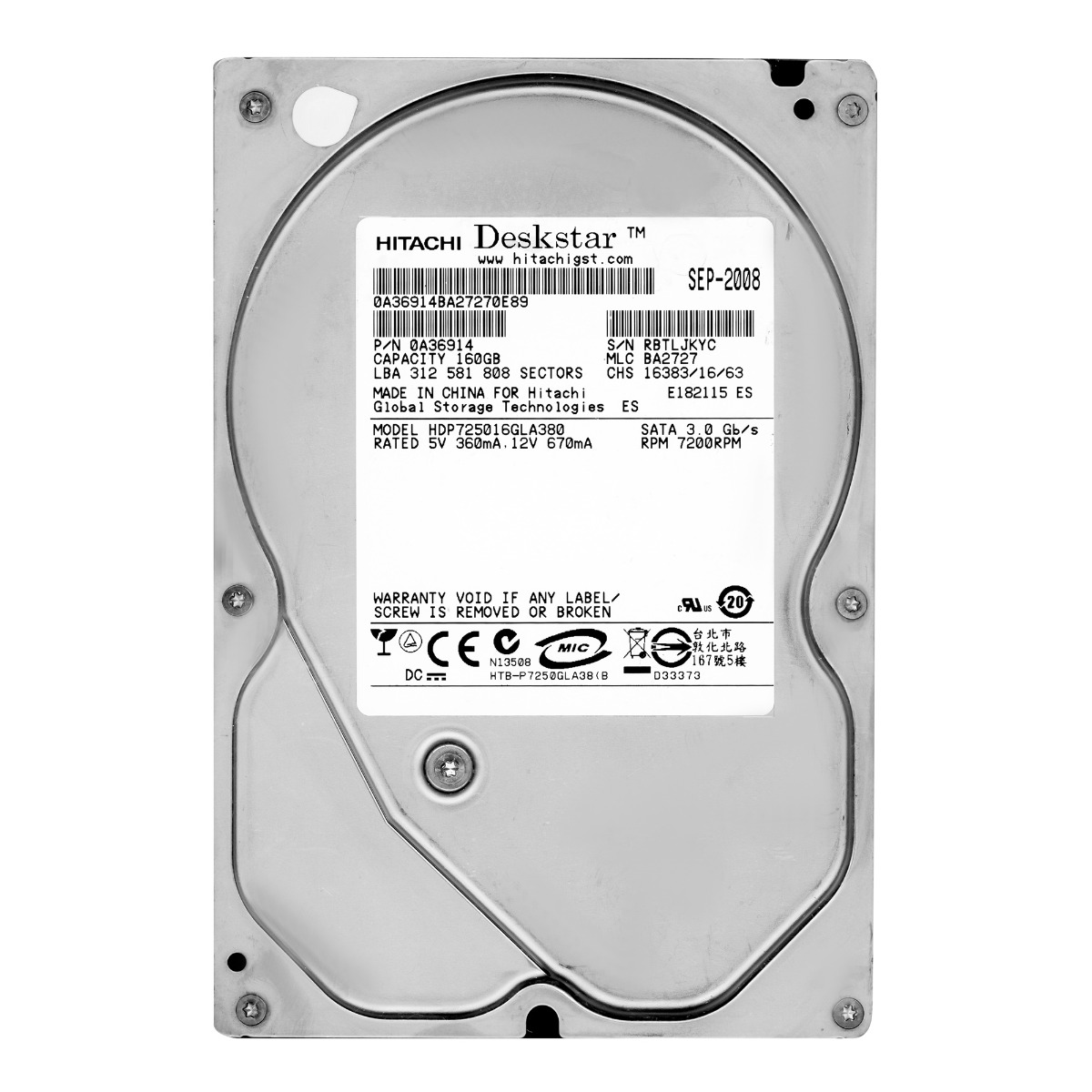 HITACHI DeskStar P7K500 160 Go 7 200 tr/min 8 Mo SATA II 3,5'' HDP725016GLA380