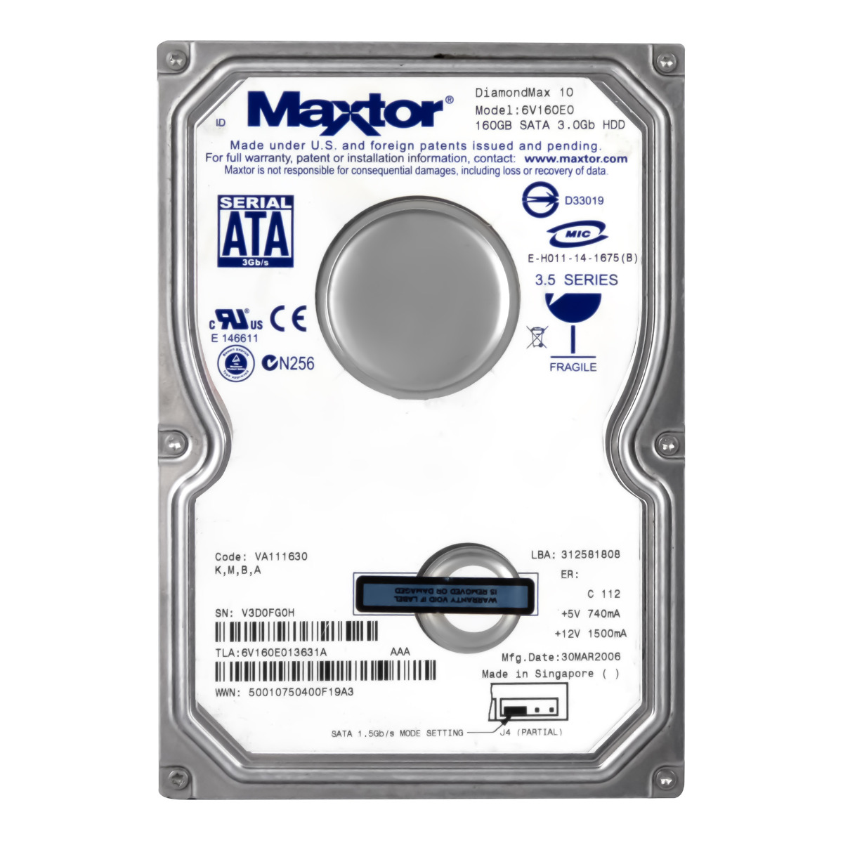 MAXTOR DiamondMax 10 160 Go 7,2K 8 Mo SATA II 3,5'' 6V160E0