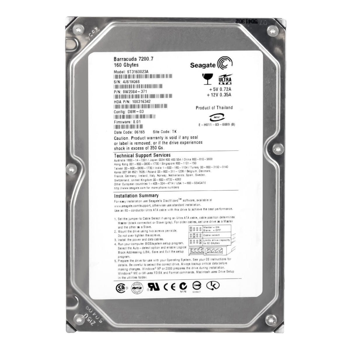 SEAGATE BARRACUDA 160 Go 7 200 tr/min 8 Mo ATA 3,5'' ST3160023A