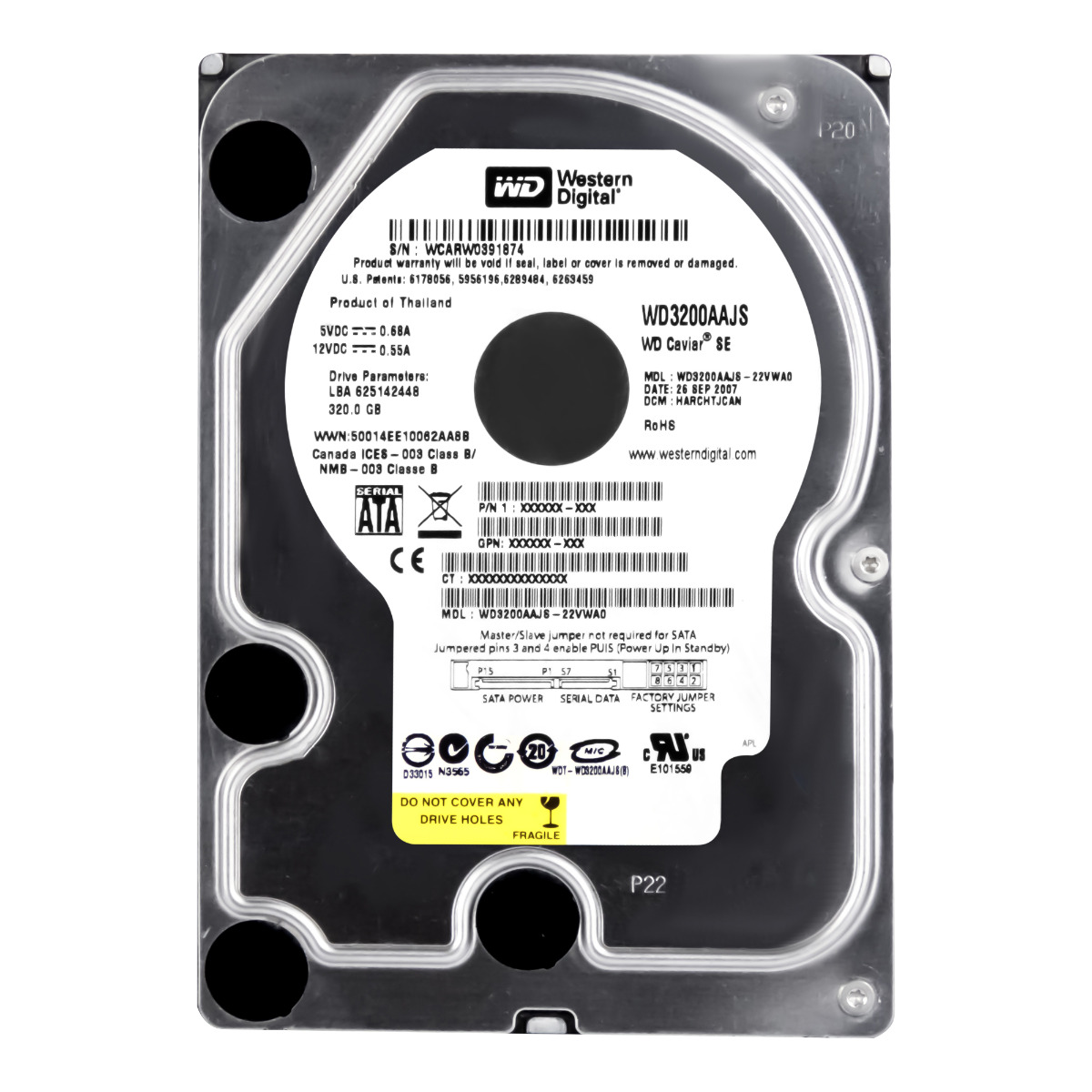 WD CAVIAR SE 320 Go 7 200 tr/min 8 Mo SATA II 3,5'' WD3200AAJS-22VWA0