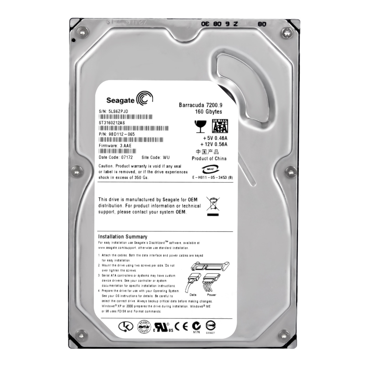 SEAGATE BARRACUDA 7200.9 160GB 7.2K 2MB SATA II 3.5'' ST3160212AS