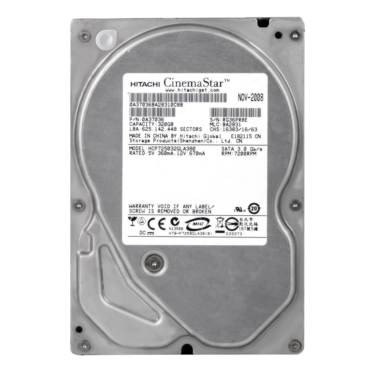 Hitachi CinemaStar P7K500 320 Go 7,2k 8 Mo SATA II 3,5'' HCP725032GLA380