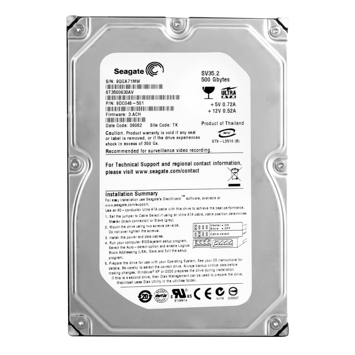 SEAGATE SV35.2 500 Go ATA 7,2K 16 Mo 3,5'' ST3500630AV