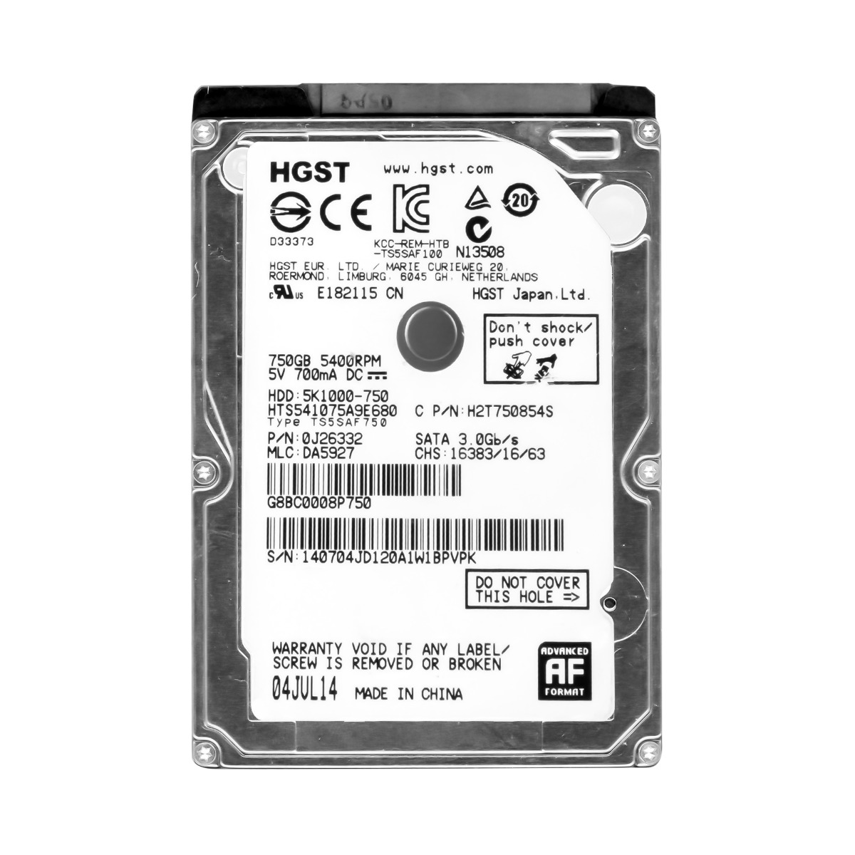 HGST TravelStar 5K1000 750 Go 5,4K 8 Mo SATA III 2,5'' HTS541075A9E680