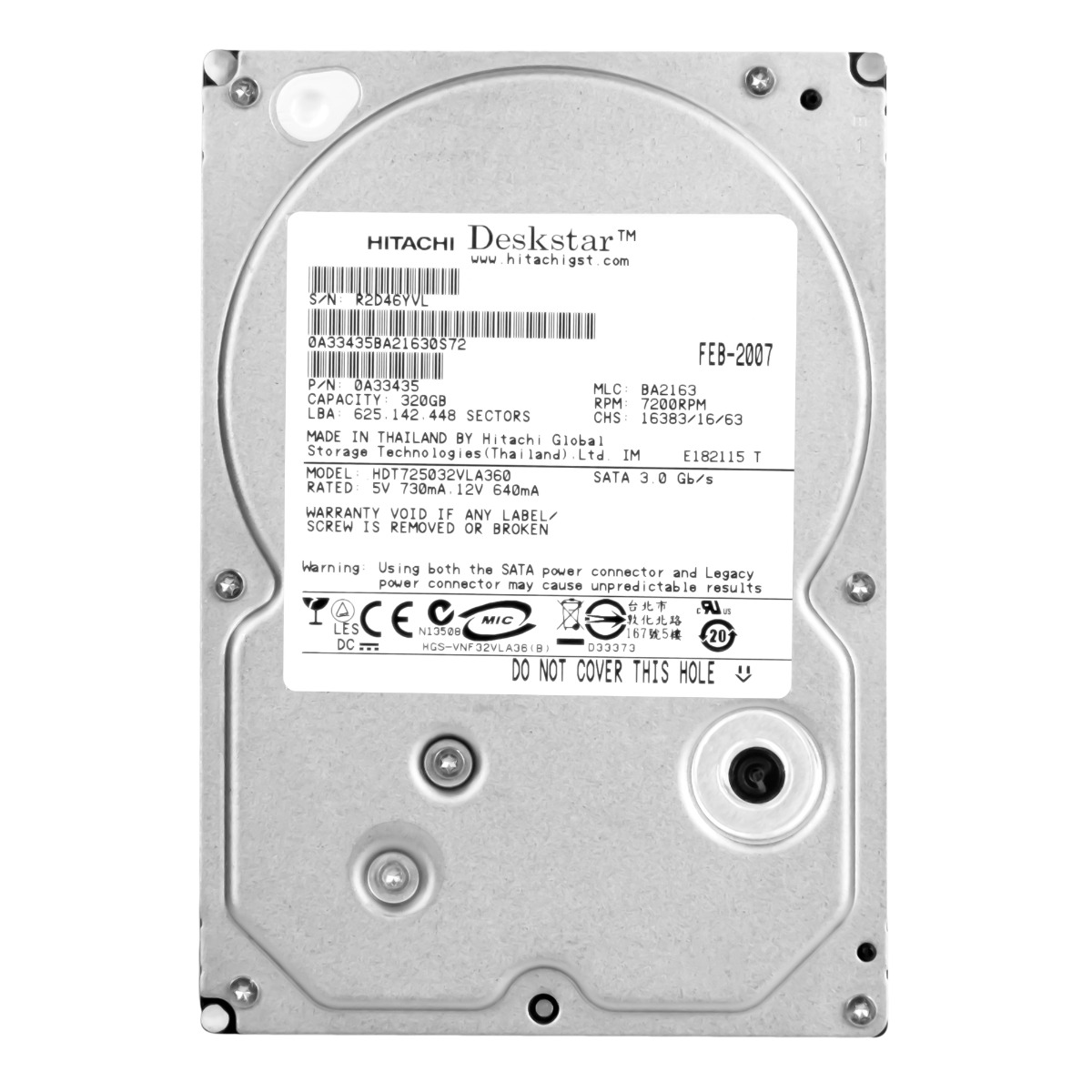 HITACHI Deskstar T7K500 320 Go 7,2K 16 Mo SATA II 3,5'' HDT725032VLA360