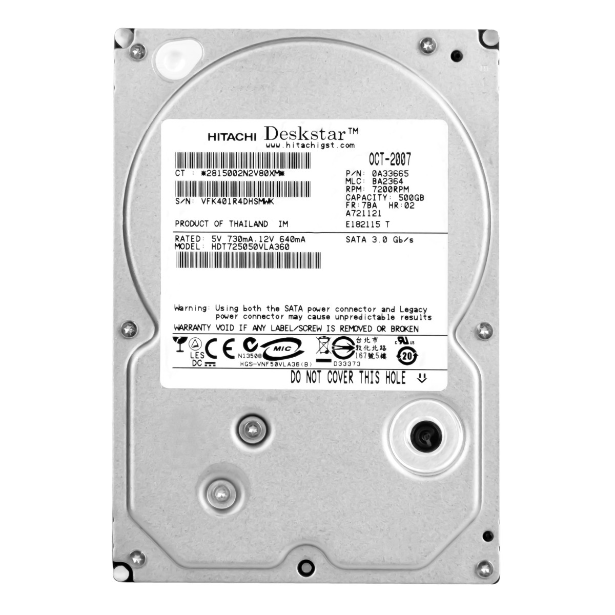 HITACHI DeskStar T7K500 500 Go 7,2K 16 Mo SATA II 3,5'' HDT725050VLA360
