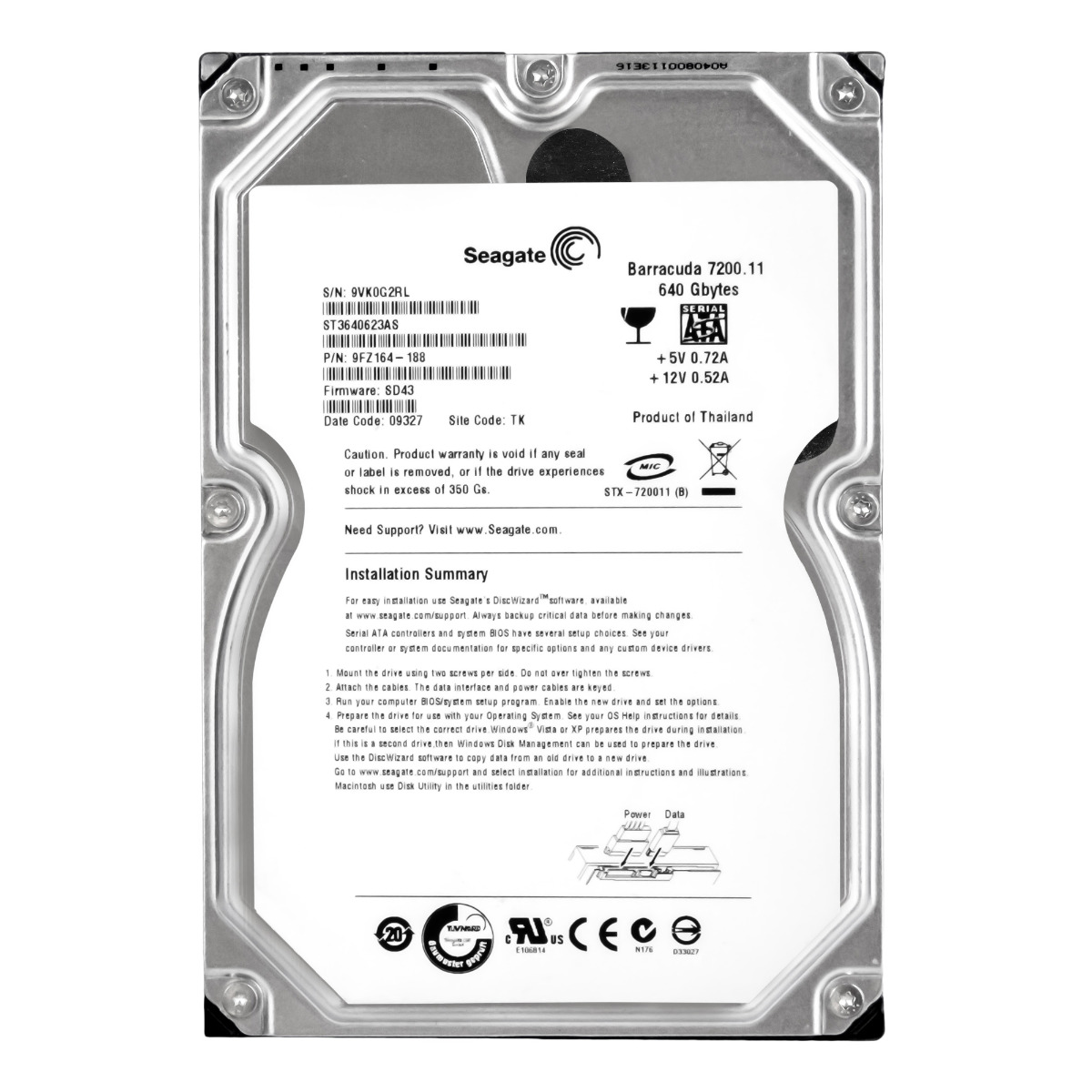 SEAGATE BARRACUDA 7200.11 640 Go 7,2K 16 Mo SATA II 3,5'' ST3640623AS