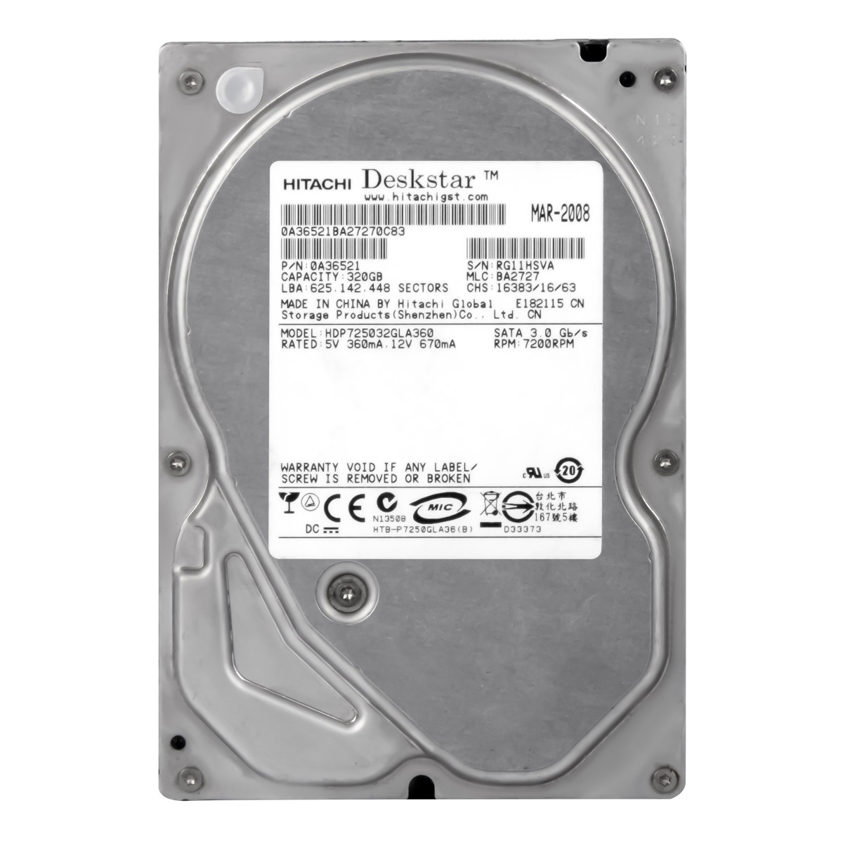 HITACHI DeskStar P7K500 320 Go 7,2K 16 Mo SATA II 3,5'' HDP725032GLA360