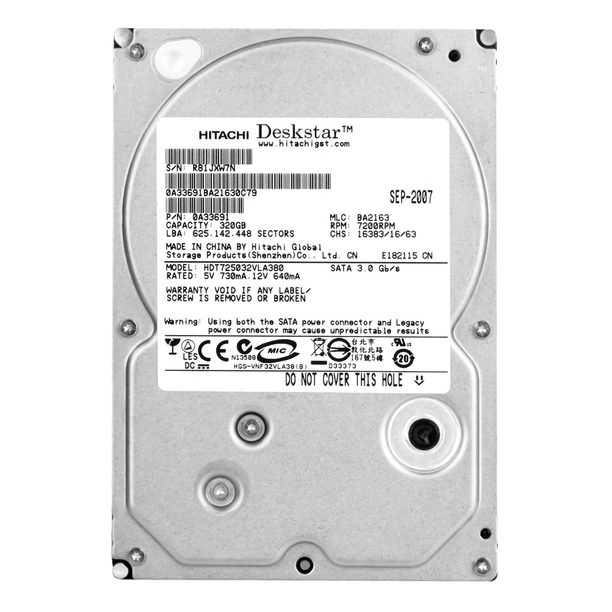 HITACHI Deskstar T7K500 320 Go 7,2K 8 Mo SATA II 3,5'' HDT725032VLA380