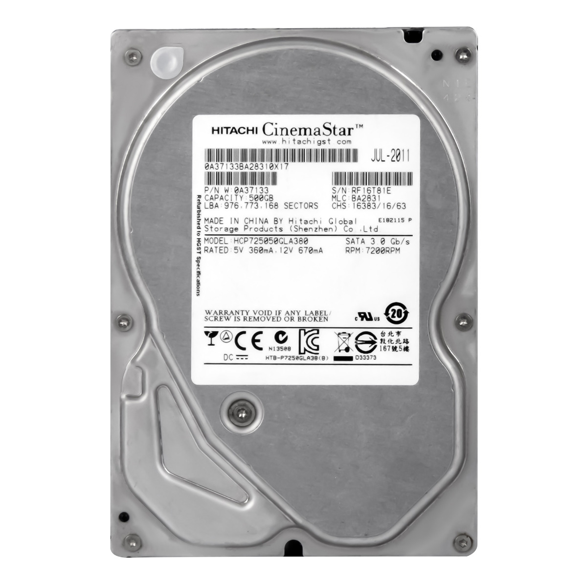 HITACHI CinemaStar P7K500 500 Go 7,2K 8 Mo SATA II 3,5'' HCP725050GLA380