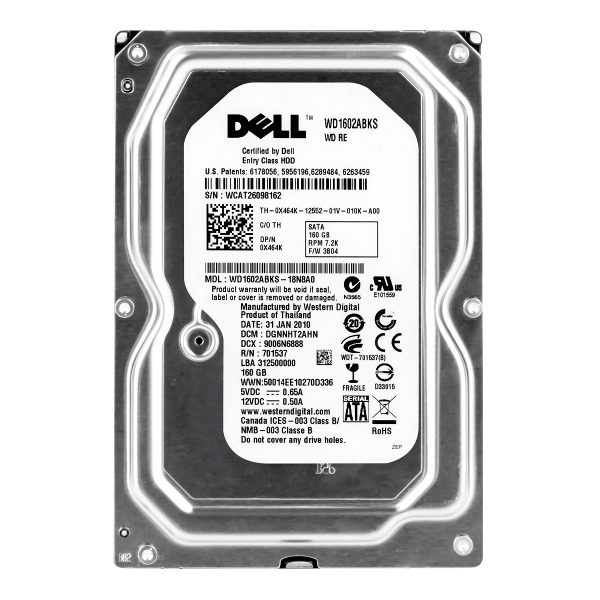 DELL 0X464K DISQUE DUR INTERNE 160 Go 7 200 tr/min 16 Mo SATA II 3,5'' WD1602ABKS