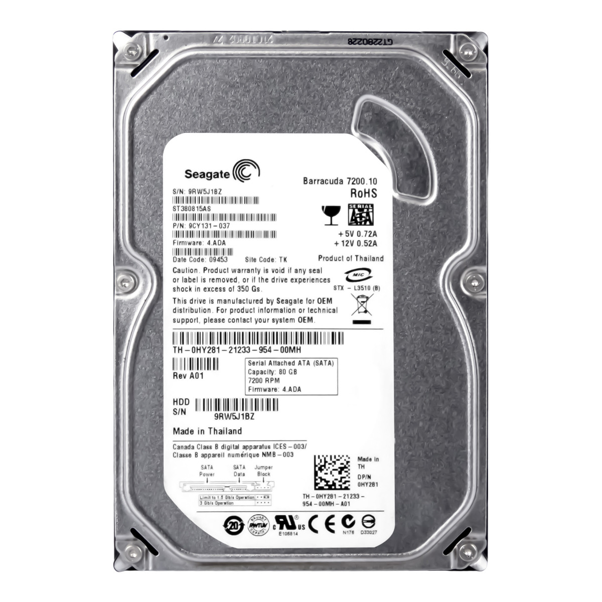 DELL 0HY281 DISQUE DUR 80 Go 7,2K 8 Mo SATA II 3,5'' ST380815AS