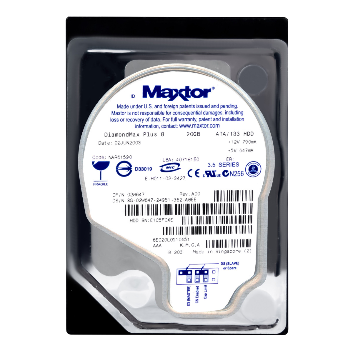 MAXTOR DiamondMax Plus 8 DISQUE DUR 20 Go 7,2K 2 Mo ATA 3,5'' 6E020L0