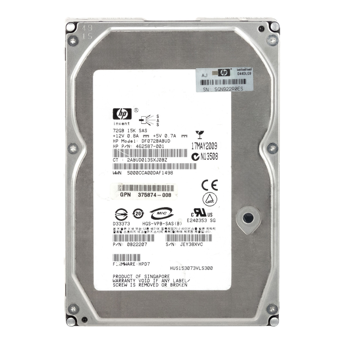 HP 462587-001 72 Go 15K 16 Mo SAS 3,5'' DF072BABUD